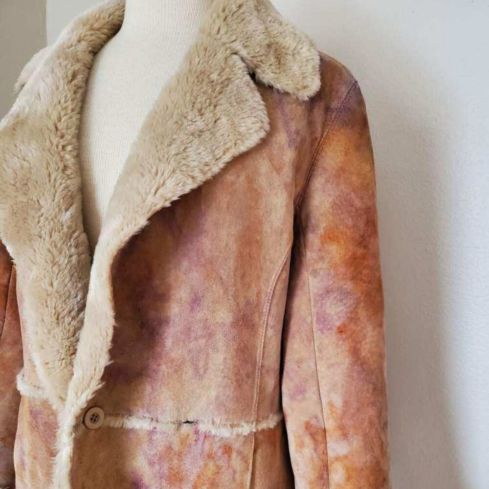 Suede leather long trench jacket shearling Coat gray beige tiedye brown L XL Med
